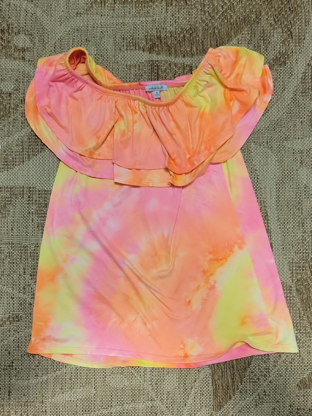 white birch Off-Shoulder Ruffle Tie-Dye Camisole - Pink, Orange, Yellow
